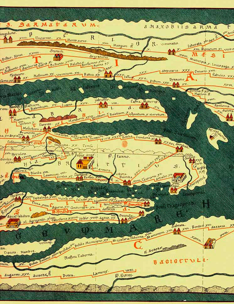 Часть Пейтингеровой таблицы - пергаментной копии XIII века с древнеримской карты (в центре изображена южная часть Италии).